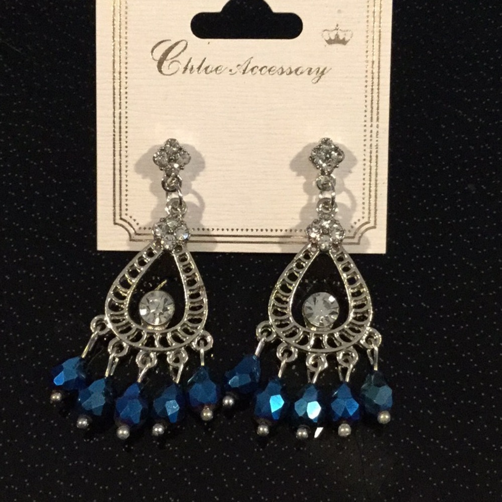 Silvertone  Dangle Earrings With Blue Stones